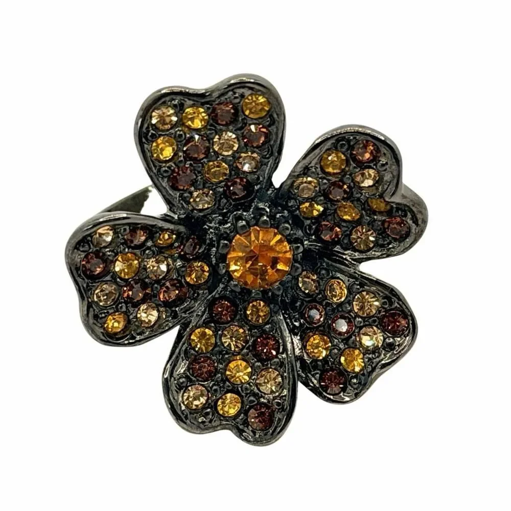 Kenneth Jay Lane KJL Adjustable Crystal Flower Cocktail Ring Gunmetal
